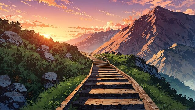 mountain walkway at sunset background from Generative AI
