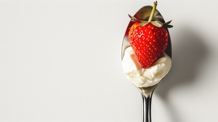 Strawberry on top of whipped cream silver spoon against white background
