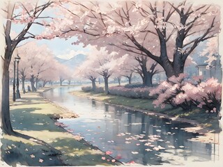 小川と桜のある風景　流れ