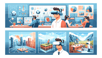 Conceptual concept of AR and VR technology images combined with Artificial Intelligence. Vector illustration.