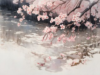 水面に映る満開の桜　水彩画