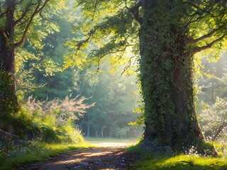 爽やかな日差しと森の小径　ツタの巻き付いた大木　幻想的　ノスタルジー