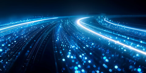 Digital Blue Light Fibers Accelerating.  Dynamic blue optical fibers emitting light, representing high-speed data transfer and connectivity.