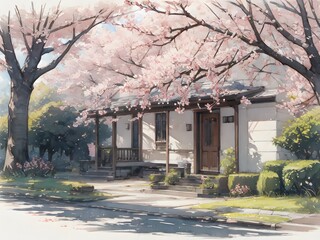 建物と桜のある風景　観光地　住宅　春爛漫