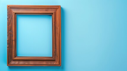 Wooden picture frame on blue background with space for text