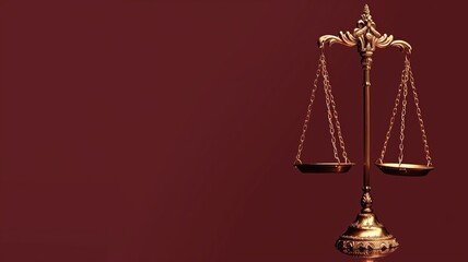 Balanced golden scale on maroon background, symbolizing justice and law