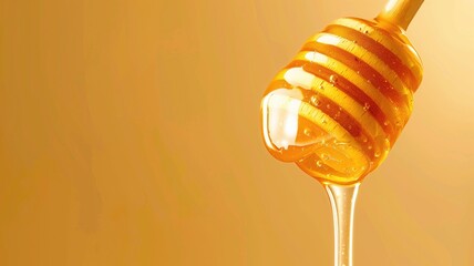 Golden honey dripping from dipper on amber background - obrazy, fototapety, plakaty