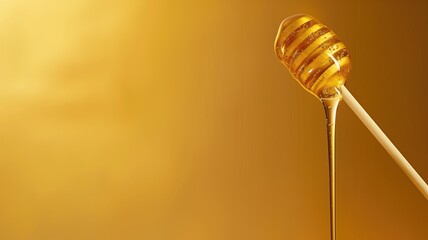 Golden honey dripping from dipper against warm yellow background - obrazy, fototapety, plakaty