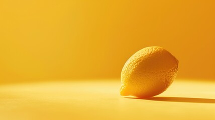 Single lemon on yellow surface with soft shadow under warm light
