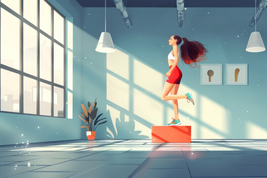 A stylized illustration of a woman doing step aerobics in a sunlit room with long shadows.
