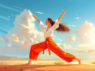 Fototapeta na wymiar Illustration of a woman in orange pants practicing martial arts in a desert.