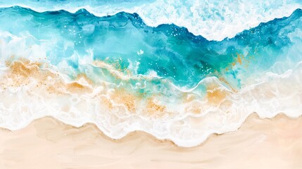 Gentle waves lapping against the shore, their turquoise hues mingling with golden sands, crafting a tranquil coastal scene.