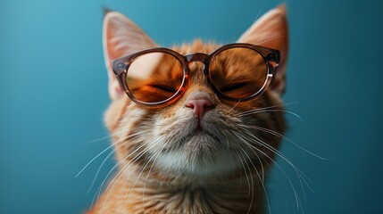 A close-up portrait of a funny ginger cat wearing sunglasses, isolated on a light cyan background with copy space.