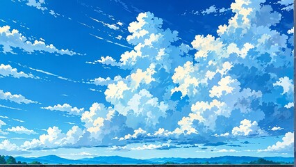 blue sky with clouds landscape cartoon anime from Generative AI