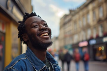 Portrait of a young african american man smiling in the city