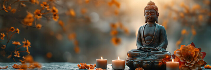 Buda sits in meditation position with flowers and candles. Buddha's birthday holiday. Buddhism...