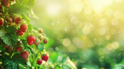 Ripe strawberries on plant with sunlight bokeh background - obrazy, fototapety, plakaty