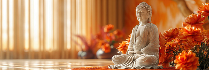 Buddha meditates in lotus position against background of orange flowers. Buddha's birthday holiday. Buddhism concept. Template for design. Banner with place for text