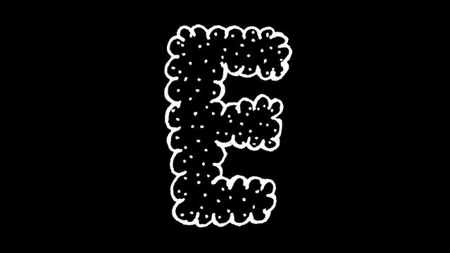 White wiggly hand drawn fluffy alphabet letter E doodle animation      