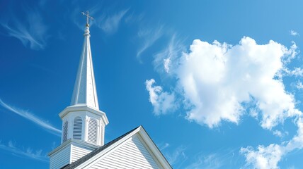 White church steeple against blue sky with clouds - obrazy, fototapety, plakaty