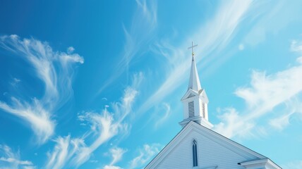 White church steeple against blue sky with wispy clouds