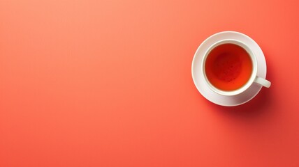White cup of tea on red background with copy space