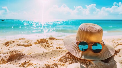 Straw hat and sunglasses on sandy beach under sunny sky