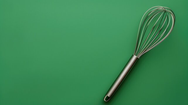 Silver whisk on green background, kitchen utensil for mixing