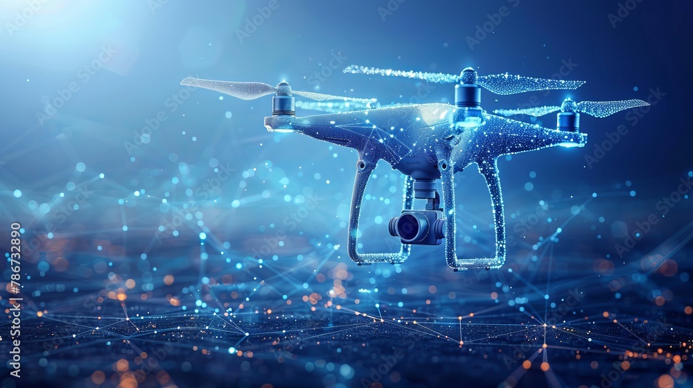 Poster abstract depiction of a drone with action video camera against a dark blue backdrop, characterized b
