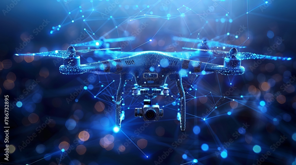 Poster abstract depiction of a drone with action video camera against a dark blue backdrop, characterized b
