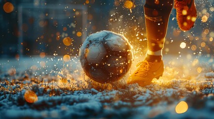 A closeup of the foot kicking a football in action on a stadium background with bokeh lights
