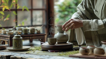 Person in traditional attire performing tea ceremony with precise movements