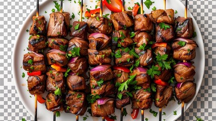 Beef Kebabs with Vegetables on a White Serving Platter