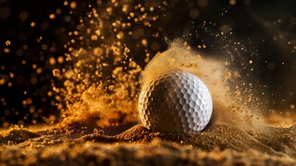 A white golf ball creating a golden dry sand explosion against a black background.
