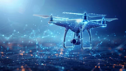 Tuinposter Abstract depiction of a drone with action video camera against a dark blue backdrop, characterized by lines and dots forming a polygonal low poly structure. © Khalida