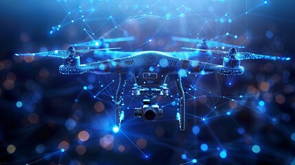 Abstract depiction of a drone with action video camera against a dark blue backdrop, characterized by lines and dots forming a polygonal low poly structure.