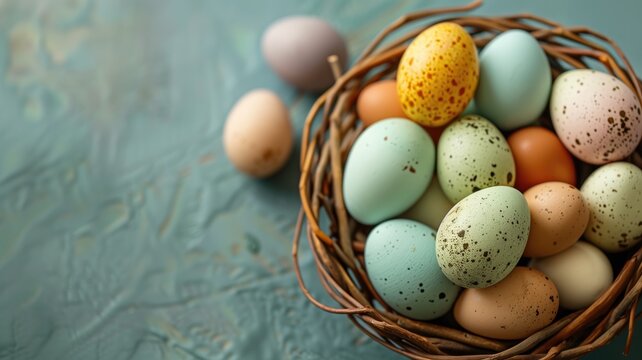 Colorful speckled eggs in basket on blue textured background