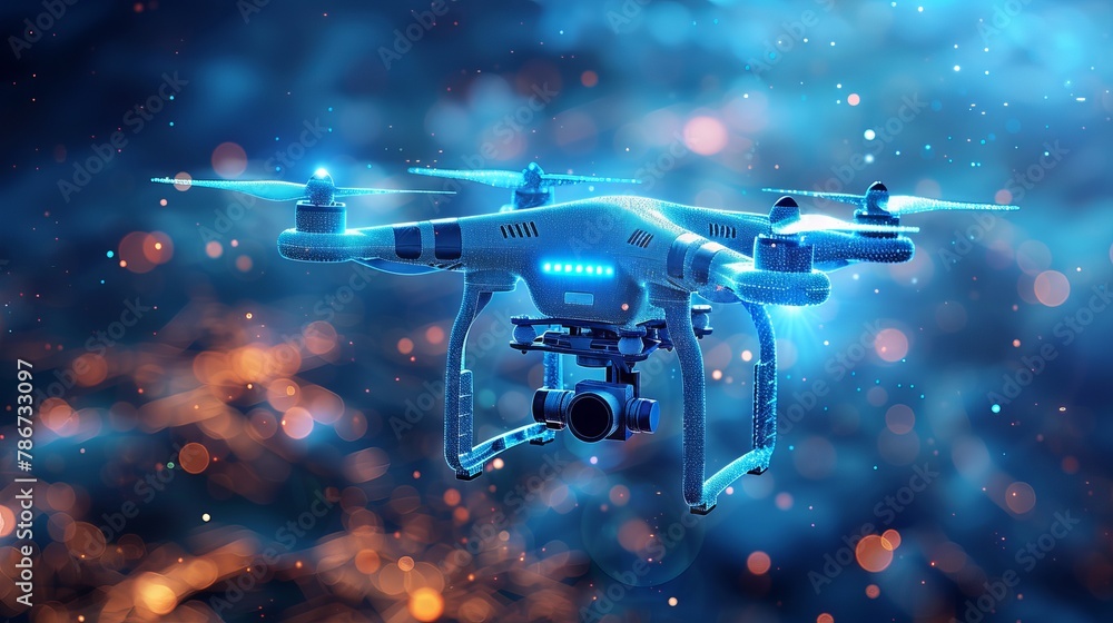Poster abstract depiction of futuristic drone technology featuring digital wireframe drones flying with a b