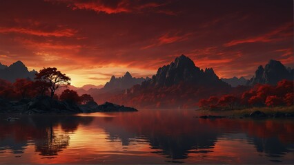 crimson red sky and water fantasy landscape background from Generative AI