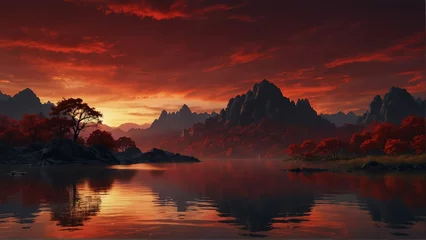 Foto op Plexiglas crimson red sky and water fantasy landscape background from Generative AI © SevenThreeSky