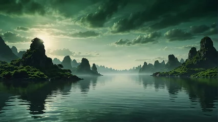  green sky and water fantasy landscape background from Generative AI © SevenThreeSky