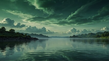 green sky and water fantasy landscape background from Generative AI