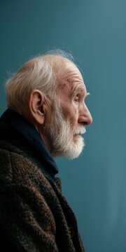 Elderly man with white hair and beard showing despair against a teal background, emotion of sadness captured in a high-resolution image.