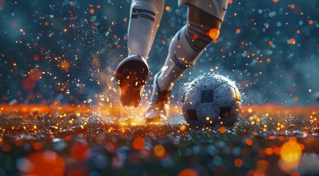 Close up of a soccer player kicking a ball with their feet on a stadium, sparks and particles in the background