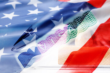 Visa to United States of America, multiple exposure with national flag of USA