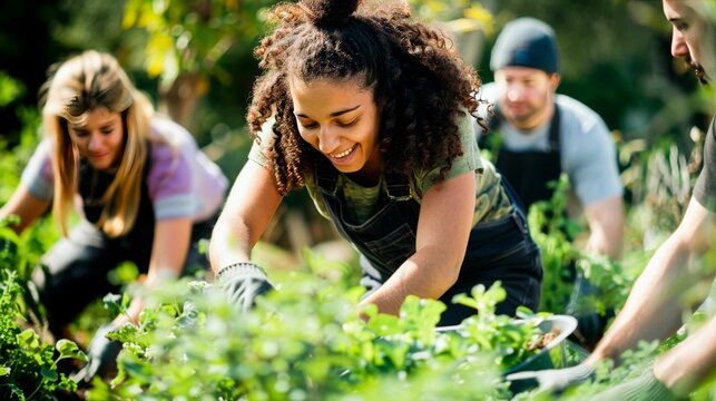 Individuals participating in a community garden project, sharing knowledge and produce, embodying the spirit of sustainability.