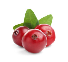 Fresh ripe cranberries with leaves isolated on white