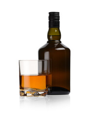 Glass and bottle of whiskey isolated on white