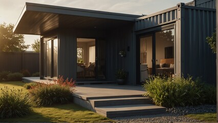 gray theme container house with entrance porch and front yard lawn and flower beds, with morning sunlight from Generative AI