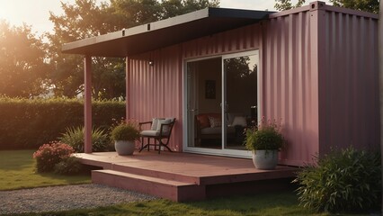 Fototapeta na wymiar pink theme container house with entrance porch and front yard lawn and flower beds, with morning sunlight from Generative AI